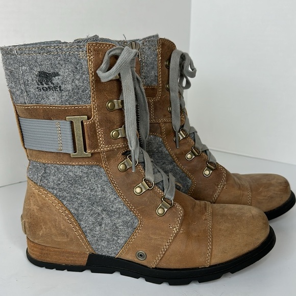 Sorel Major Carly Lace UP Boots Tan Grey with Side Zipper Anthropologie Size 8 - Picture 4 of 13